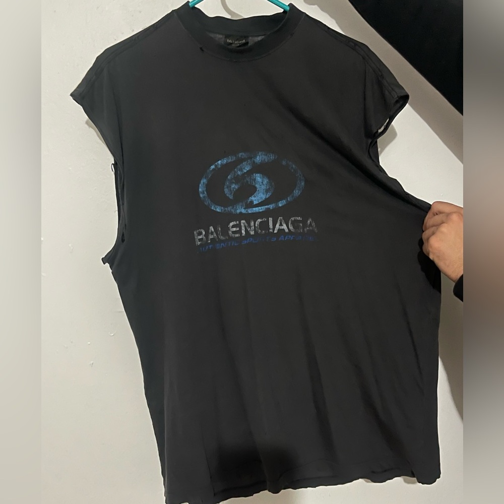 Balenciaga Dark Grey and Blue Logo Muscle Tee